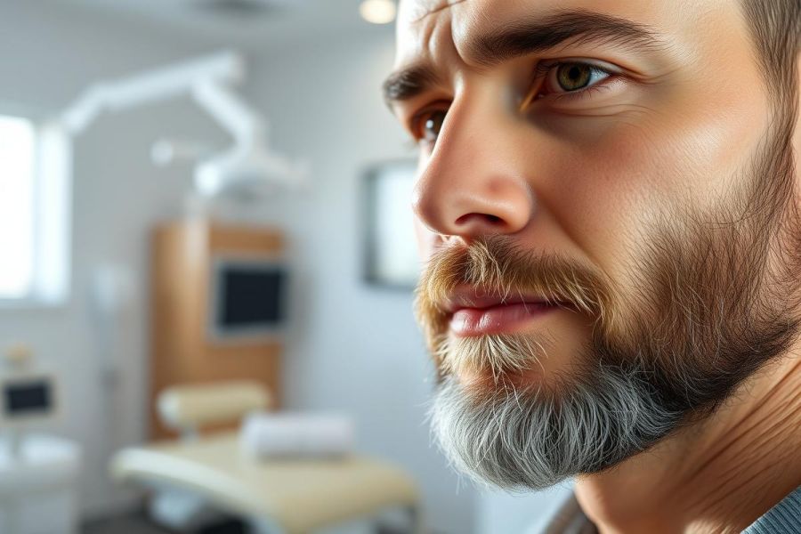 Close-up portrait of a man with a salt-and-pepper beard in a modern dental clinic. The focus is on his face with blurred dental equipment in the background. Warm lighting and neutral colors create a professional atmosphere.
