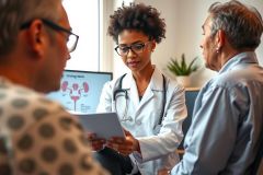 A female doctor in a white coat examines a patient's medical report displaying a kidney scan. The scene shows a medical consultation, with a focus on diagnostic imaging and healthcare.
