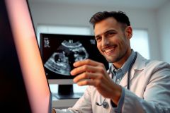 Doctor examining an ultrasound image, smiling. Healthcare professional in a clinic setting. Focus on medical diagnostics and patient care. Bright, clinical environment.