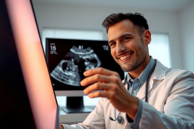 Doctor examining an ultrasound image, smiling. Healthcare professional in a clinic setting. Focus on medical diagnostics and patient care. Bright, clinical environment.