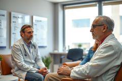 Doctor and patient in a medical consultation. The doctor wears a white coat and stethoscope, engaged in discussion within a modern office setting. Warm lighting and a neutral color palette create a professional atmosphere.