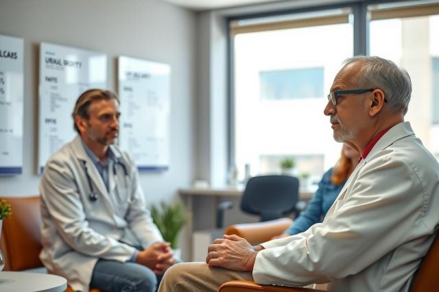 Doctor and patient in a medical consultation. The doctor wears a white coat and stethoscope, engaged in discussion within a modern office setting. Warm lighting and a neutral color palette create a professional atmosphere.