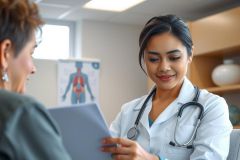 Doctor examining a patient, reviewing documents in a medical office setting. Healthcare professional wearing a white coat and stethoscope. Bright and clean environment. Focus on patient care and medical consultation.
