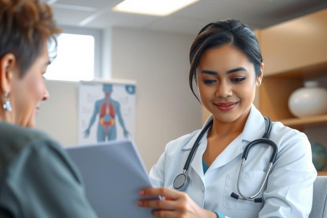 Doctor examining a patient, reviewing documents in a medical office setting. Healthcare professional wearing a white coat and stethoscope. Bright and clean environment. Focus on patient care and medical consultation.