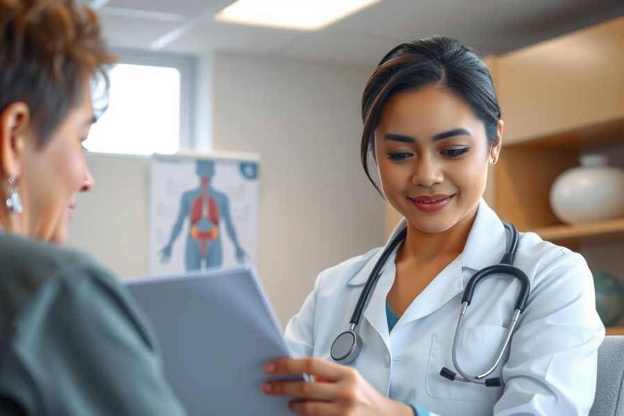 Doctor examining a patient, reviewing documents in a medical office setting. Healthcare professional wearing a white coat and stethoscope. Bright and clean environment. Focus on patient care and medical consultation.