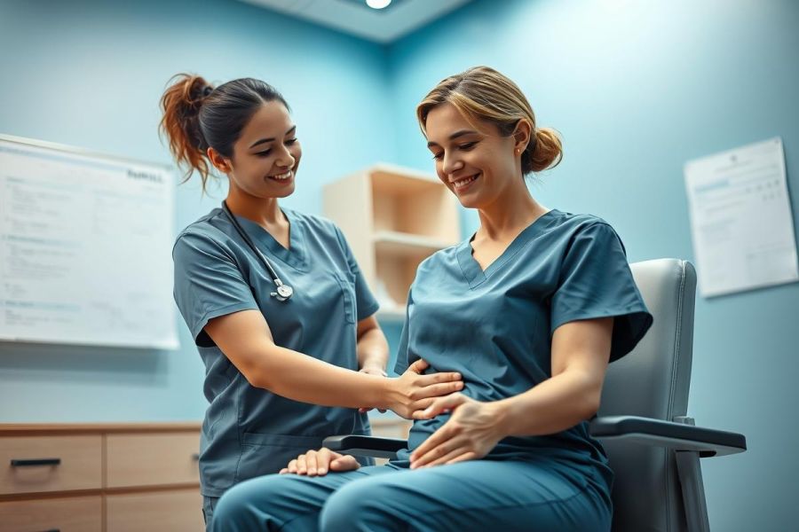 Healthcare workers in blue scrubs examine a patient in a bright, modern office. The scene depicts a supportive doctor-patient relationship, with the focus on patient health and well-being.