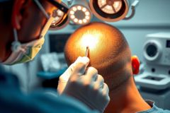 Medical procedure in operation room. A surgeon wearing gloves performs a close-up surgical procedure with instruments. Bright lighting and sterile environment.