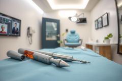 Medical tools on a blue examination table in a modern clinic setting. Focus on surgical instruments in a clean, bright environment, emphasizing healthcare and patient care.
