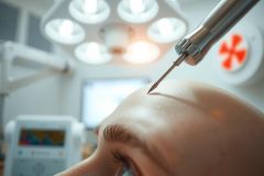 Medical procedure closeup. A syringe is poised above skin in an operating room setting. Focus is on the needle and surrounding area with soft lighting. Sterile environment and medical equipment visible.
