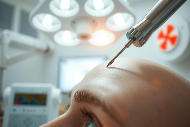 Medical procedure closeup. A syringe is poised above skin in an operating room setting. Focus is on the needle and surrounding area with soft lighting. Sterile environment and medical equipment visible.