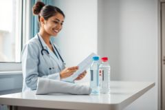 Smiling female doctor in a bright, modern clinic reviewing patient documents. A cast and water bottles sit on a white table. Healthcare, medical professional, patient care, and wellness themes are present.