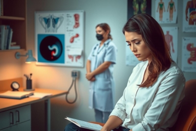 In this image, actresses are portraying characters in a medical setting. One woman is wearing a white lab coat and has her hands on her hips, while another woman sits at a desk looking over some papers with a concerned expression.