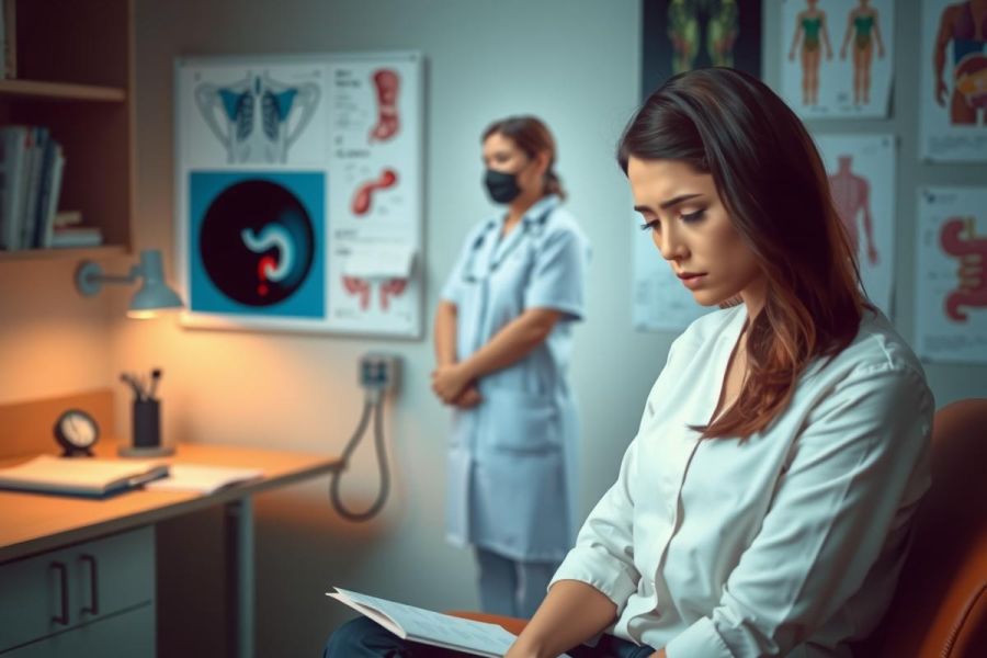 In this image, actresses are portraying characters in a medical setting. One woman is wearing a white lab coat and has her hands on her hips, while another woman sits at a desk looking over some papers with a concerned expression.