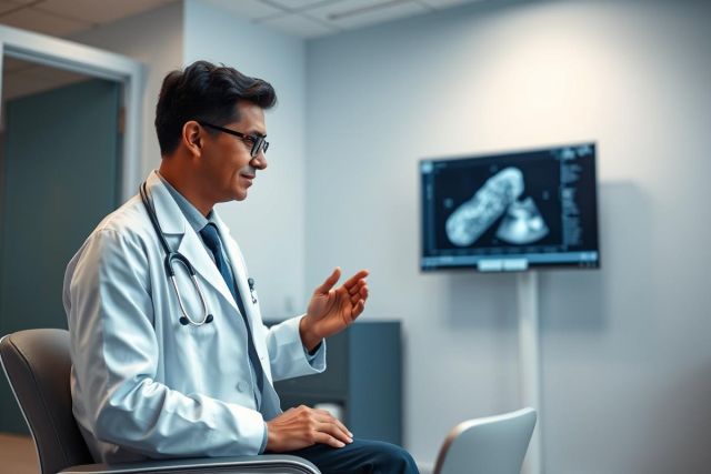 A male doctor in a white coat and glasses discusses an ultrasound image displayed on a screen in a modern, clinical setting. The image shows a fetal ultrasound. The scene features cool blue and gray tones, suggesting a medical consultation or diagnostic review. Keywords: doctor, ultrasound, fetus, medical, healthcare, clinic, diagnosis.