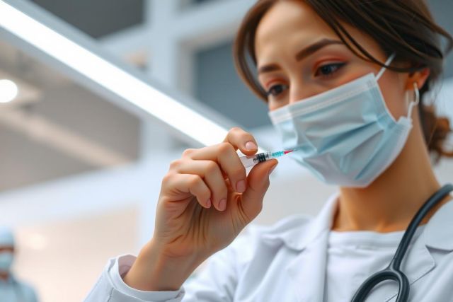 Healthcare worker in scrubs and mask prepares a syringe, likely for a medical procedure or vaccination. Focus on safety and patient care in a clinical setting.