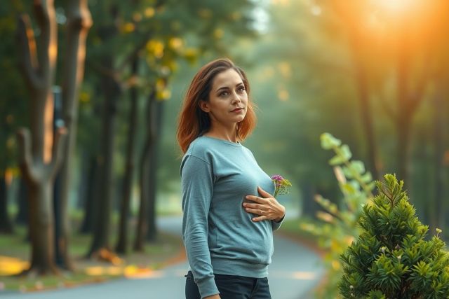 The image features a woman standing in a park. She is pregnant, wearing a grey long-sleeve top and has her hands on her stomach. Her head is turned slightly away from the camera as she gazes at something off to the side with a soft expression. The environment consists of green foliage and trees creating a serene backdrop. The lighting suggests it may be either early morning or late afternoon, given the soft shadows cast on the ground.