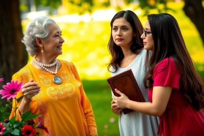 An image depicting a conversation between three women, possibly at a gathering or a meeting. The setting appears to be outdoors on a grassy area with trees and flowers in the background, suggesting a park or garden environment. They are holding books or papers, indicating they might be discussing religious texts or academic materials.