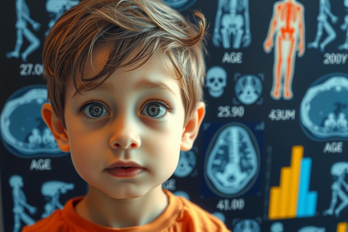 The image shows a young boy with blonde hair and blue eyes. He appears to be in a room with a large medical chart on the wall behind him. The chart includes various pieces of patient information such as age, height, and weight.