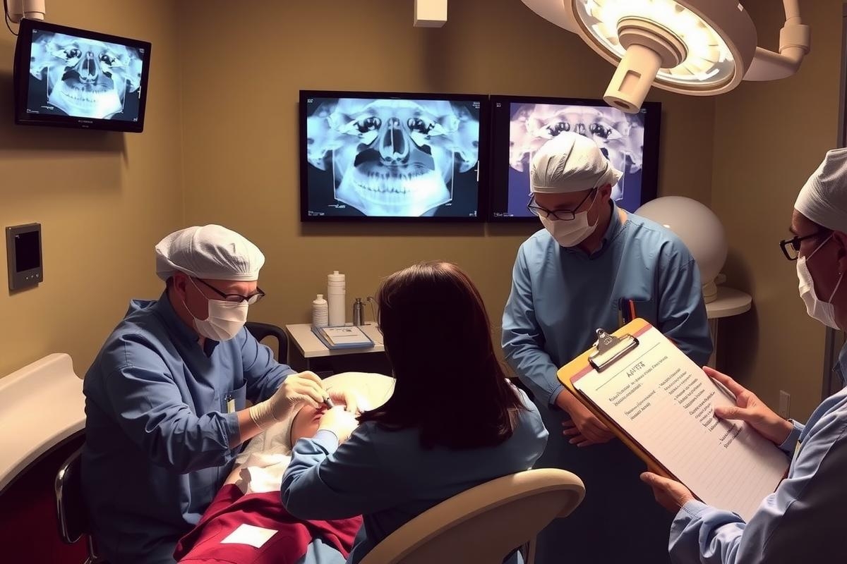 The image shows a medical setting with multiple surgical staff, likely in an operating room. The central focus is on a person receiving treatment, likely during a surgical procedure.