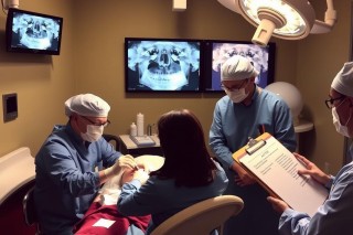 The image shows a medical setting with multiple surgical staff, likely in an operating room. The central focus is on a person receiving treatment, likely during a surgical procedure.