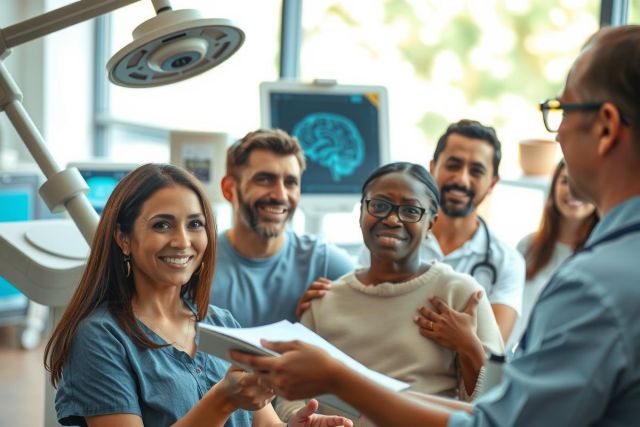 The image shows a group of medical professionals in what appears to be a modern dental or medical office. There are several individuals, likely dentists and assistants, gathered around a patient who is seated on a dental chair.