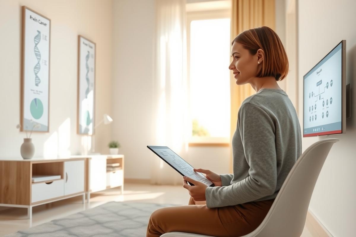 The image depicts a woman seated in a living room, holding a tablet. She is focused on the content displayed on the tablet screen, which appears to be an interactive interface for home automation or smart devices.