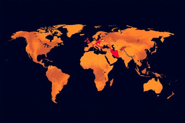 The image depicts a globe of the world with areas highlighted in orange. The map is presented on a dark background, and the countries are outlined. The colors used suggest that this could be related to military operations or events marked by intensity.