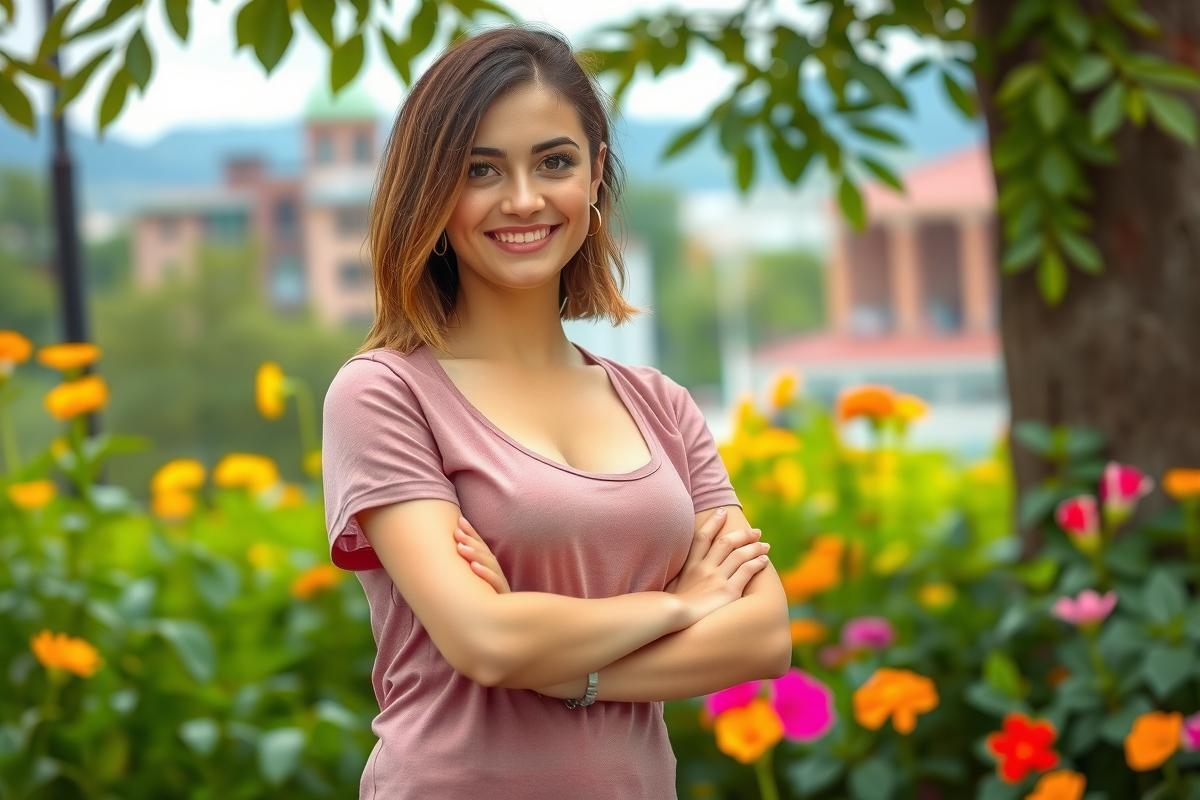 The image is a portrait of a woman standing in a garden. She has short hair and is wearing a light pink top. Her arms are crossed, suggesting she might be posing for the photo. The garden has colorful flowers around her. The environment looks bright and natural.