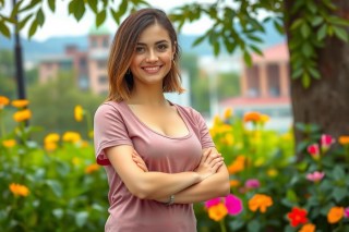 The image is a portrait of a woman standing in a garden. She has short hair and is wearing a light pink top. Her arms are crossed, suggesting she might be posing for the photo. The garden has colorful flowers around her. The environment looks bright and natural.