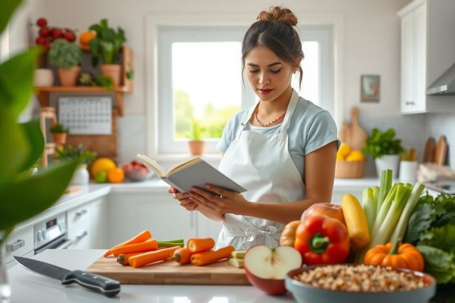 This image shows a woman in a kitchen environment preparing food. She is standing at a counter with various fresh ingredients like vegetables and fruits. The kitchen appears to be well-lit, possibly during daylight, and features modern appliances and clean surfaces indicative of a home setting.