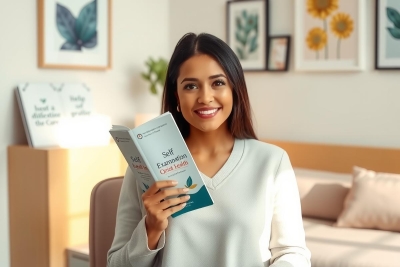 The image features a smiling woman sitting in an indoor environment, possibly a cozy room or a bedroom. She is holding a book with the cover visible. The overall color scheme of the image is warm and inviting, with neutral tones dominating the scene. The presence of a potted plant suggests a comfortable home setting. The woman's expression conveys positivity and contentment, potentially indicating a topic related to personal well-being or growth.