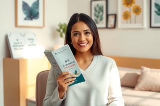 The image features a smiling woman sitting in an indoor environment, possibly a cozy room or a bedroom. She is holding a book with the cover visible. The overall color scheme of the image is warm and inviting, with neutral tones dominating the scene. The presence of a potted plant suggests a comfortable home setting. The woman's expression conveys positivity and contentment, potentially indicating a topic related to personal well-being or growth.