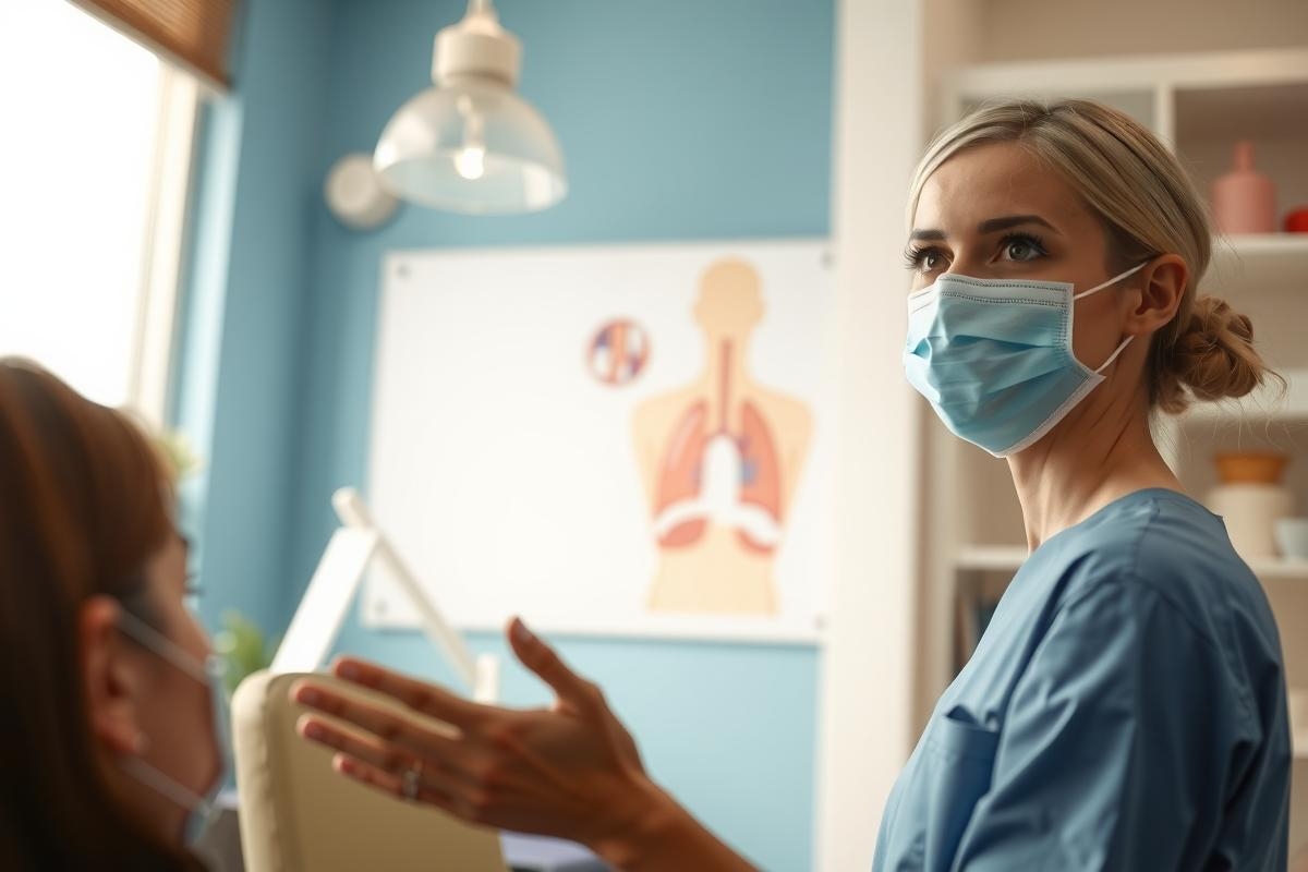 Healthcare professional in scrubs and mask discusses patient care in a medical office. Anatomy chart visible in the background. Blue and white color scheme conveys a clinical setting.