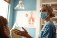 Healthcare professional in scrubs and mask discusses patient care in a medical office. Anatomy chart visible in the background. Blue and white color scheme conveys a clinical setting.