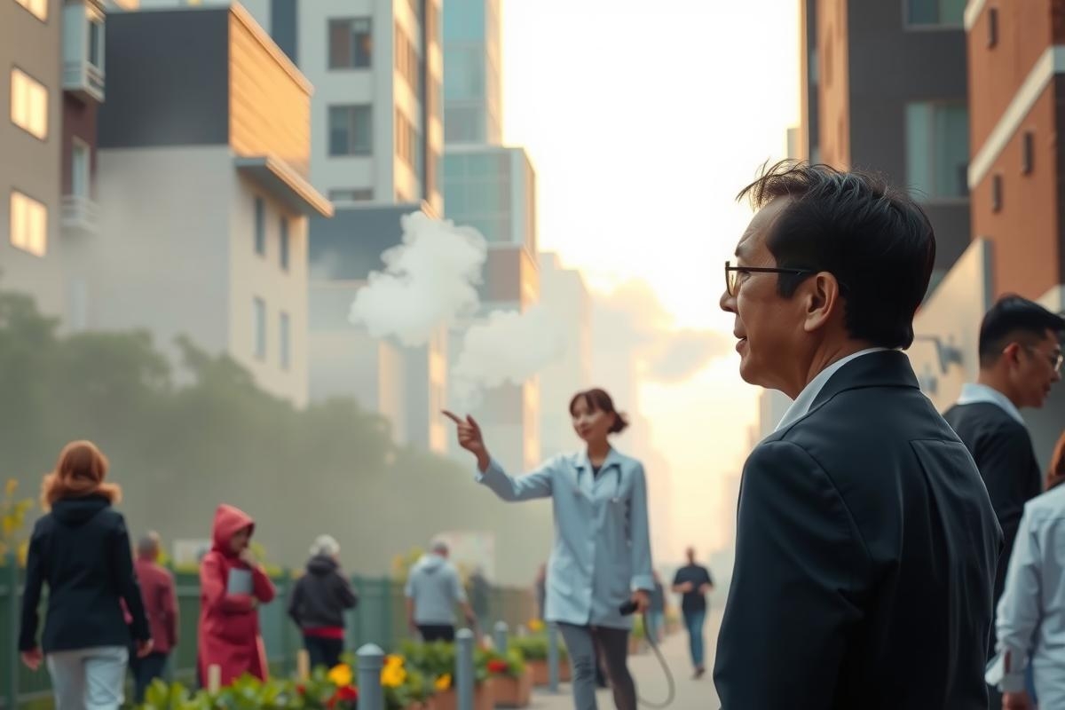 The image depicts a city street scene with various individuals. In the foreground, there's an Asian man in glasses wearing a suit and tie, standing on the sidewalk looking towards the right side of the image. 