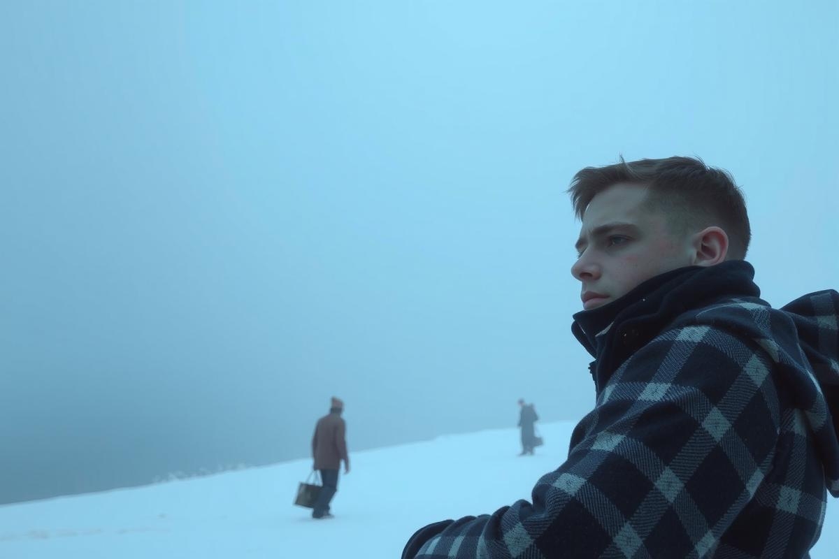 The image captures a moment in a foggy, snowy landscape. A young man, with light skin and short hair, is seated on the right side of the frame.
