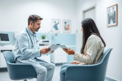 Doctor consults with a patient in a modern, bright blue medical clinic. The physician, wearing a stethoscope, reviews paperwork with a female patient. Healthcare, consultation, and medical examination themes are evident in this professional setting.