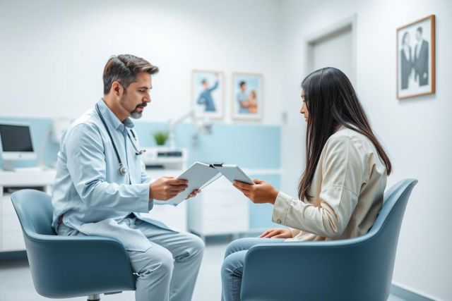 Doctor consults with a patient in a modern, bright blue medical clinic. The physician, wearing a stethoscope, reviews paperwork with a female patient. Healthcare, consultation, and medical examination themes are evident in this professional setting.
