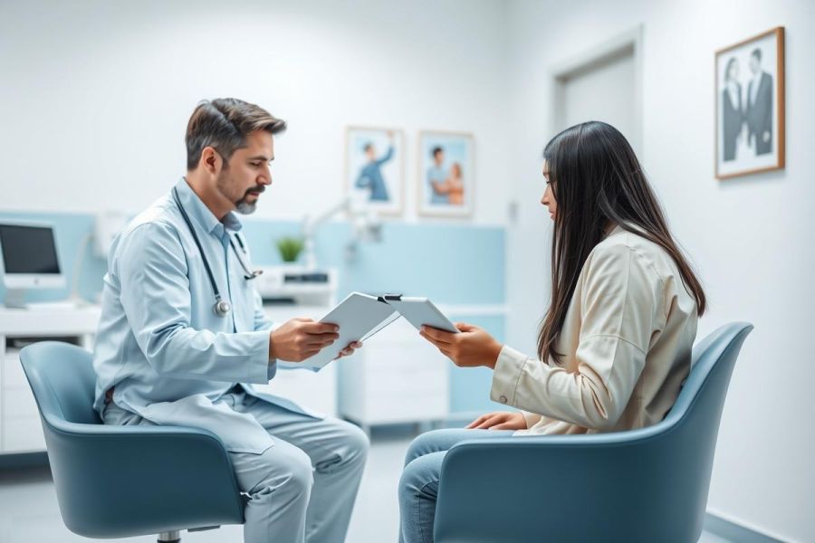 Doctor consults with a patient in a modern, bright blue medical clinic. The physician, wearing a stethoscope, reviews paperwork with a female patient. Healthcare, consultation, and medical examination themes are evident in this professional setting.