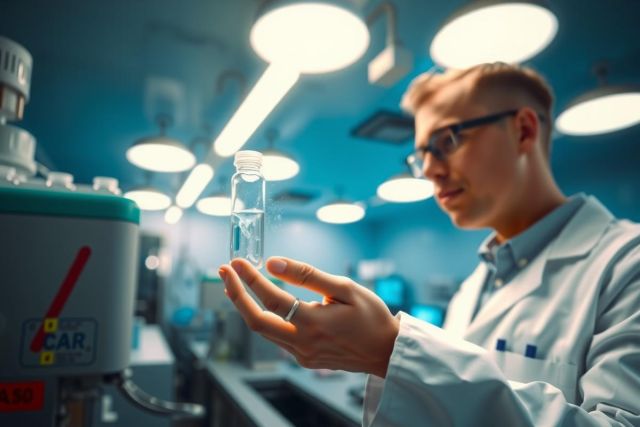Scientist in lab coat holds vial of liquid, likely for analysis. The bright, modern lab setting suggests research or pharmaceutical context. Focus on precision and scientific investigation.