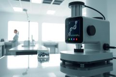 Lab equipment, including a sophisticated analytical instrument, sits on a workbench in a modern laboratory setting. The image showcases a scientific environment with bright lighting and a focus on precision.