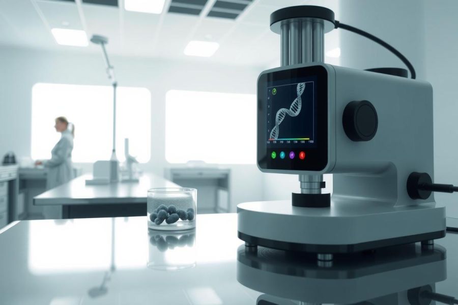 Lab equipment, including a sophisticated analytical instrument, sits on a workbench in a modern laboratory setting. The image showcases a scientific environment with bright lighting and a focus on precision.