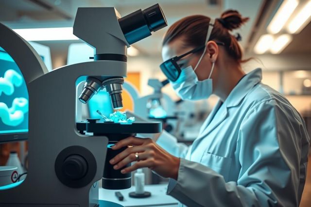 Scientist in a lab coat and mask examines a slide under a microscope. The image showcases a sterile research environment with cool blue lighting, highlighting scientific research and analysis.