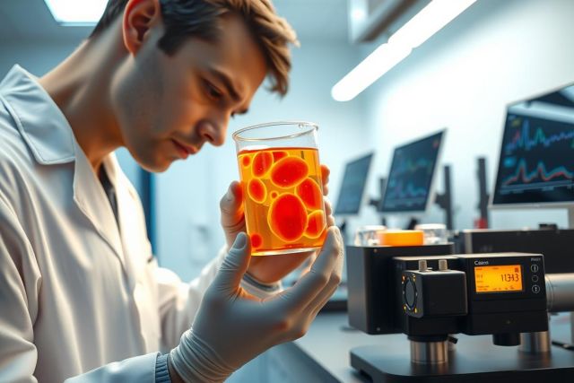 Scientist in lab coat examining liquid sample in test tube. Close-up view with laboratory equipment in background, showcasing research and scientific analysis.