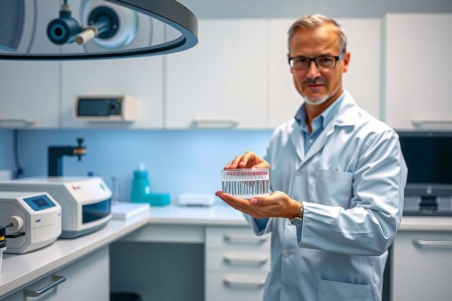 Scientist in lab coat holds a vial of red liquid, likely a reagent or sample. Modern laboratory setting with equipment in background. Focus on research and scientific analysis.