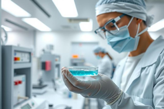 Scientist in lab coat and mask examines a sample in a petri dish. Focus on research, microbiology, and scientific analysis in a clean, bright environment.