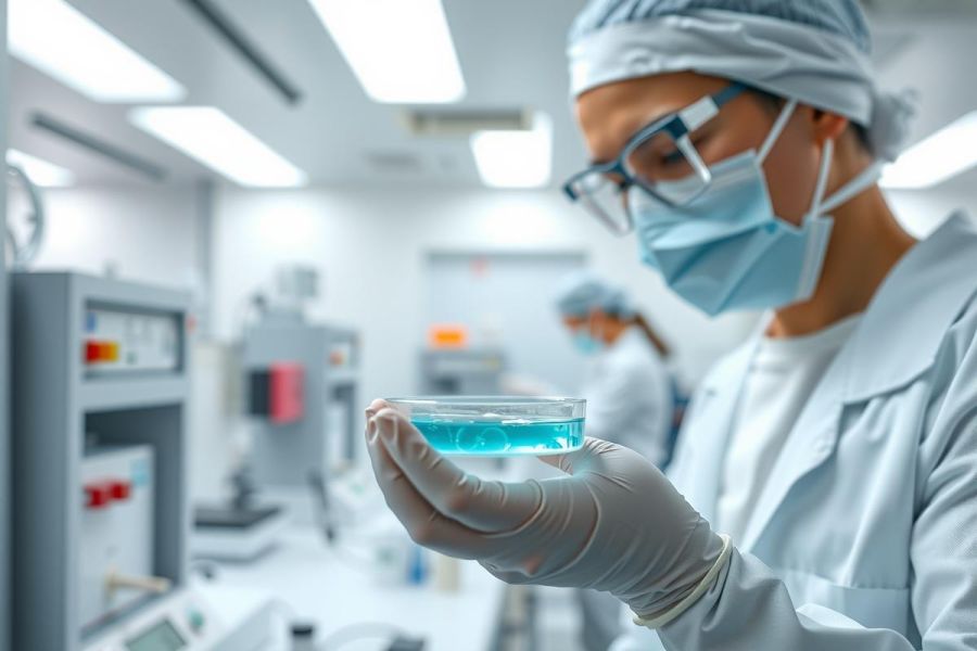Scientist in lab coat and mask examines a sample in a petri dish. Focus on research, microbiology, and scientific analysis in a clean, bright environment.