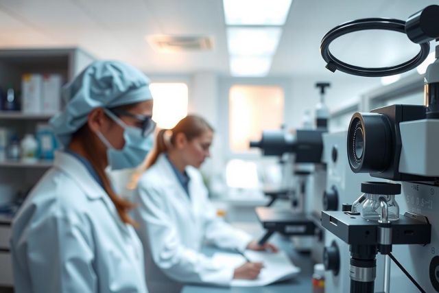 Scientists in lab coats and masks working with microscopes. Research environment, medical, biology, and pharmaceutical concepts. Sterile workspace with equipment.