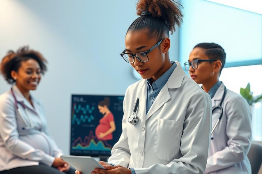 Medical professionals in white coats examine a tablet displaying patient data, likely in a healthcare setting. Focus on diagnosis, patient care, and technology in medicine.