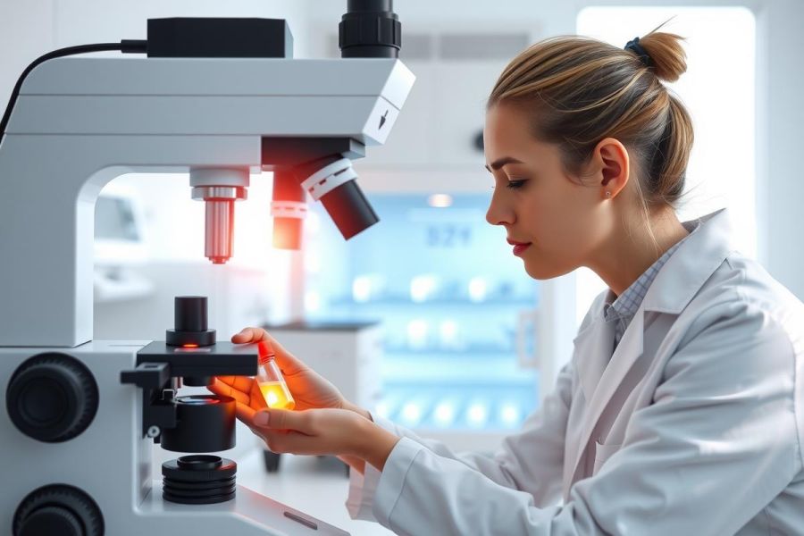 A scientist in a lab coat examines a vial of liquid under a microscope. The image showcases a research environment with bright, clean lighting, highlighting the scientific process and laboratory setting.